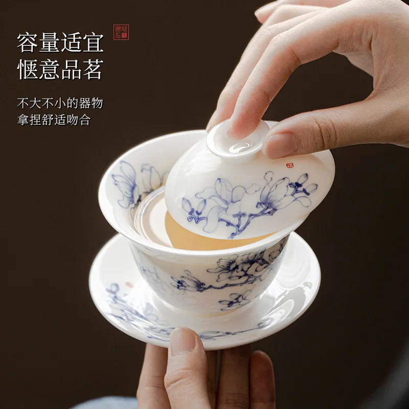Magnolia Three Piece Gaiwan, White Porcelain Lidded Tea Bowl with Easy Grip for Loose Leaf Tea and Daily Tea Rituals