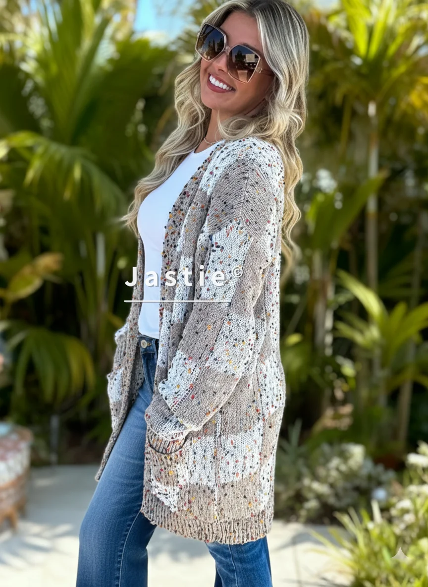 

Women's Confetti Checkerboard Cardigan Knit Sweater Boho Vintage Gray/White Plaid Colorful Speckles Casual Long-Sleeve Cardigan