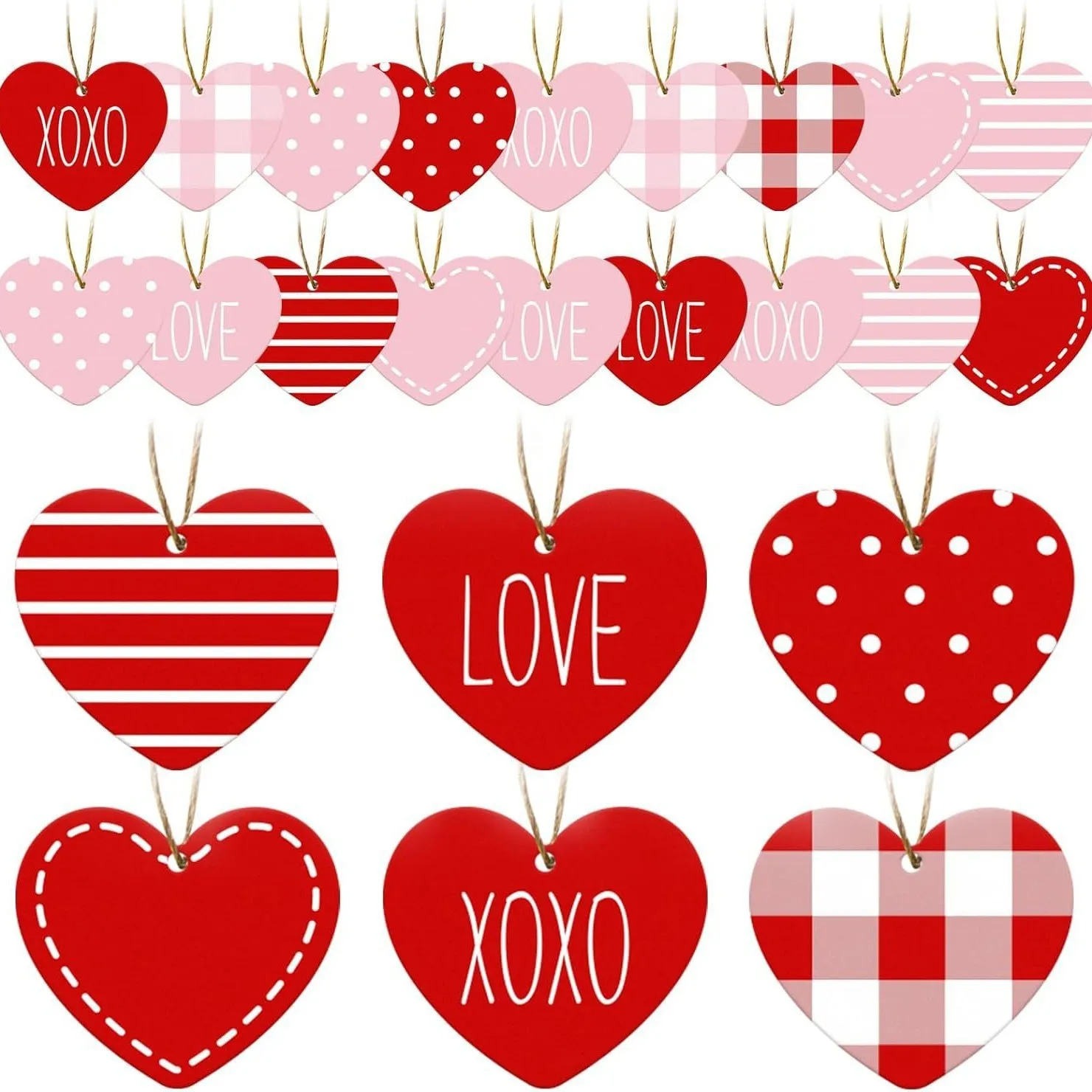 24 قطعة كبيرة من زخارف شجرة على شكل قلب باللون الأحمر والوردي والأبيض، زينة معلقة على شكل قلب خشبية لطيفة لعيد الحب