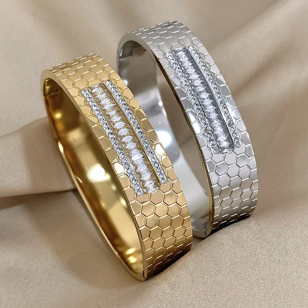 Stainless Steel Hexagonal Grid Bangles Bracelets for Women Waterproof Cuff Braceletwith Rhinestones Zircon Wristband Jewelry