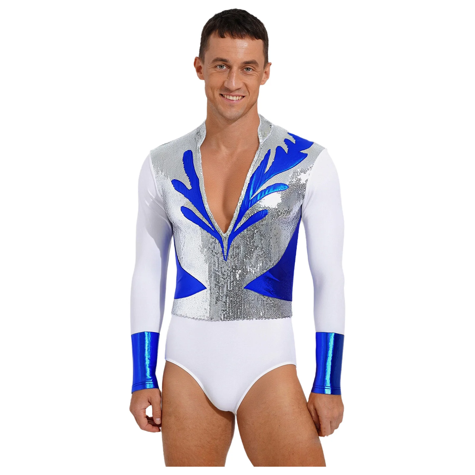 

Men Figure Skating Bodysuit Glittery Sequin Metallic Shiny Patchwork V Neck Long Sleeve Leotard Dancewear for Ballet Latin Dance