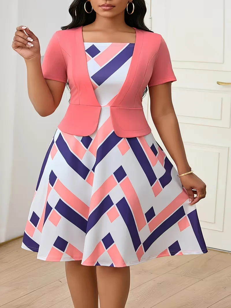 Damen Sommerkleid mit eckigem Ausschnitt, einfarbig, Business Casual, Swing-Kleid in Übergröße, geometrisches Muster, A-Linie, Vestidos – Detail 7