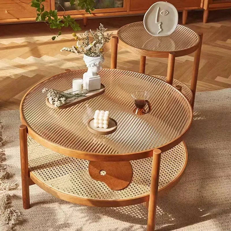 with Woven Rattan and Reeded Glass Round Side Table for Living Room Natural Style Japanese Solid Wood Cherry Coffee Table