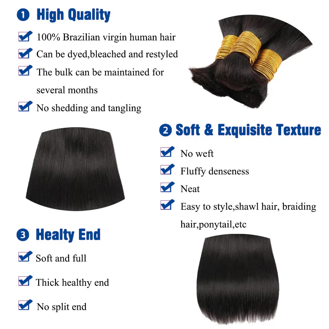 Straight Bulk Hair 100% Human Hair Bulk Machine Made Unprocessed Virgin Hair 16-26 Inch 50/100g Natural Black Braizlian Hair