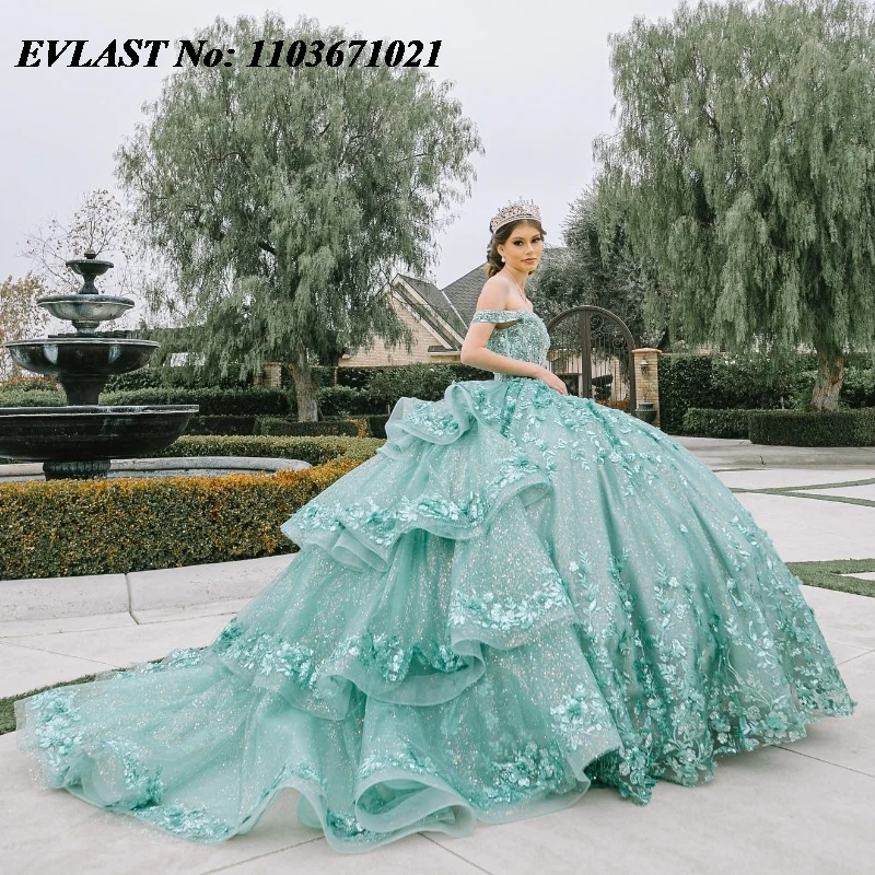 

EVLAST Mexican Mint Ball Gown Quinceanera Dress Off Shoulder Floral Applique Beading Tiered Sweet 16 Vestidos De XV Anos SQ310