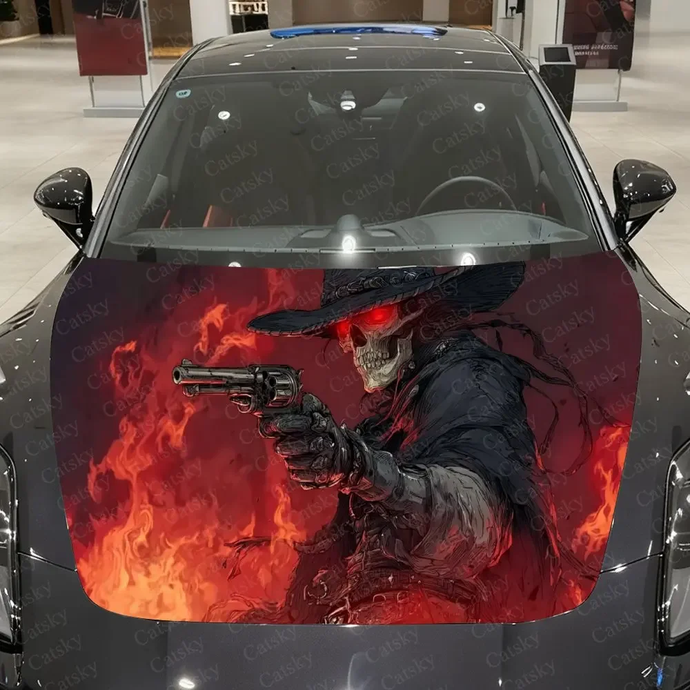 Flame Skull Cowboy Car Hood Sticker, PVC Waterproof Self-adhesive Scratch Resistant Car Decoration, Specifically Designed For Tr