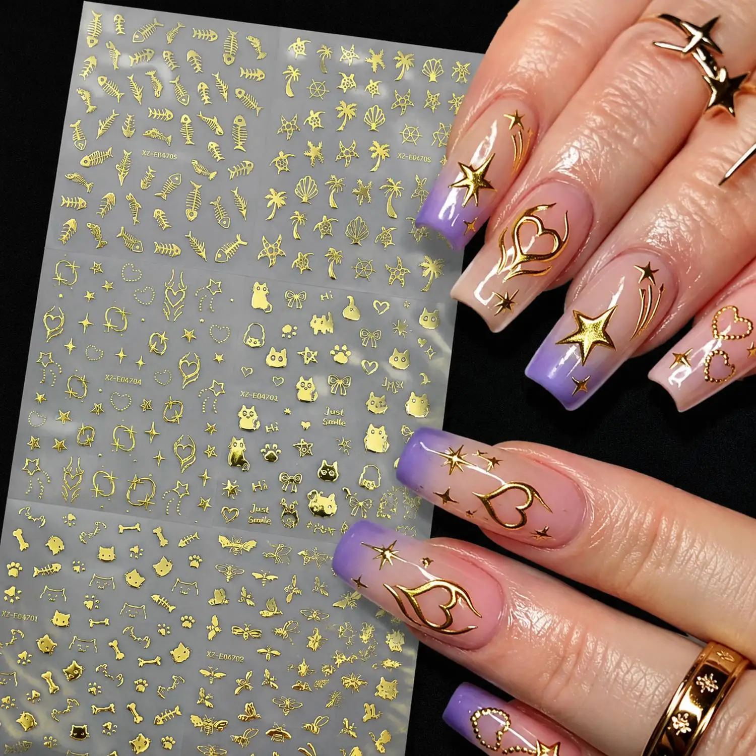 6Pcs 3D Heart Design Gold Foil Nail Sticker Star Shape Gold Foil Nail Decal Stylish Design Gold Foil Nail Slider