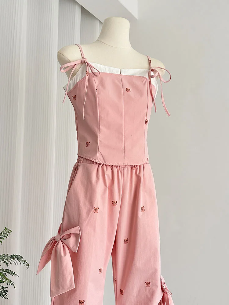 Summer 2024 Outfits 2 Piece Pants Sets Pink Print Sexy Strapless Tank Top+New Design Mid Waist Bow Wide Leg Pants Korean Tide