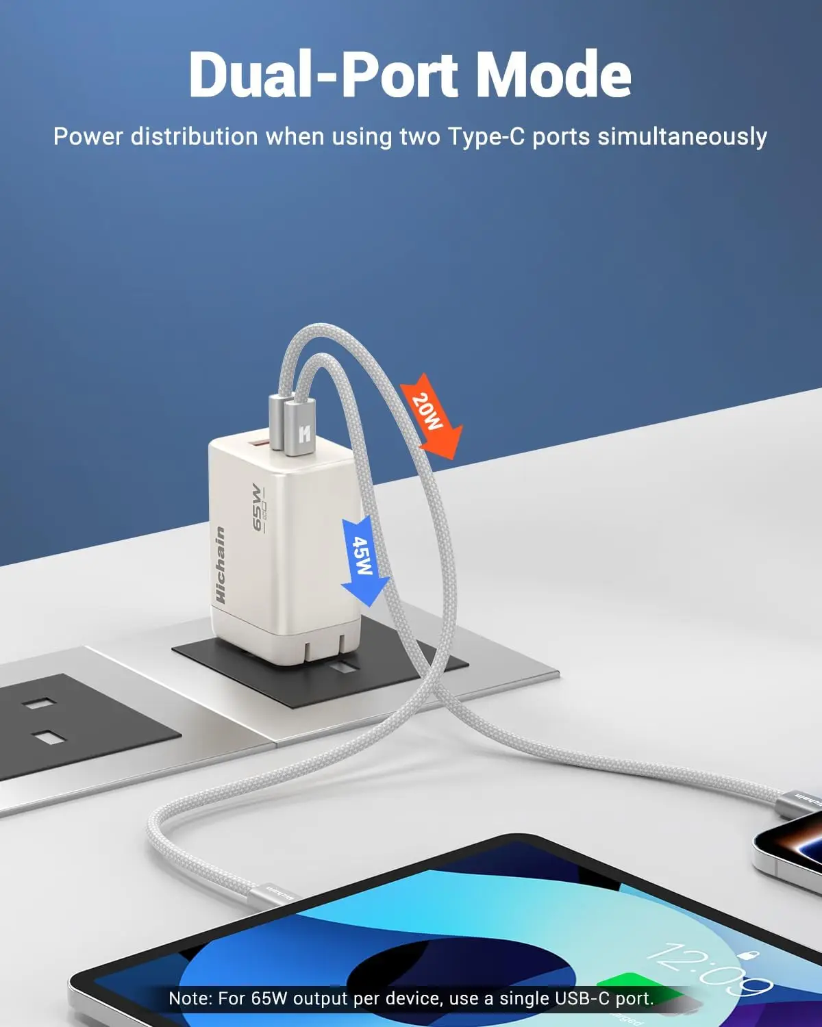 Hichain 3in1 GaN 65W Wall Chargers For Smartphones Portable USB C Charger  Multiple Ports For  iPhone 17 For Samsung For Xiaomi