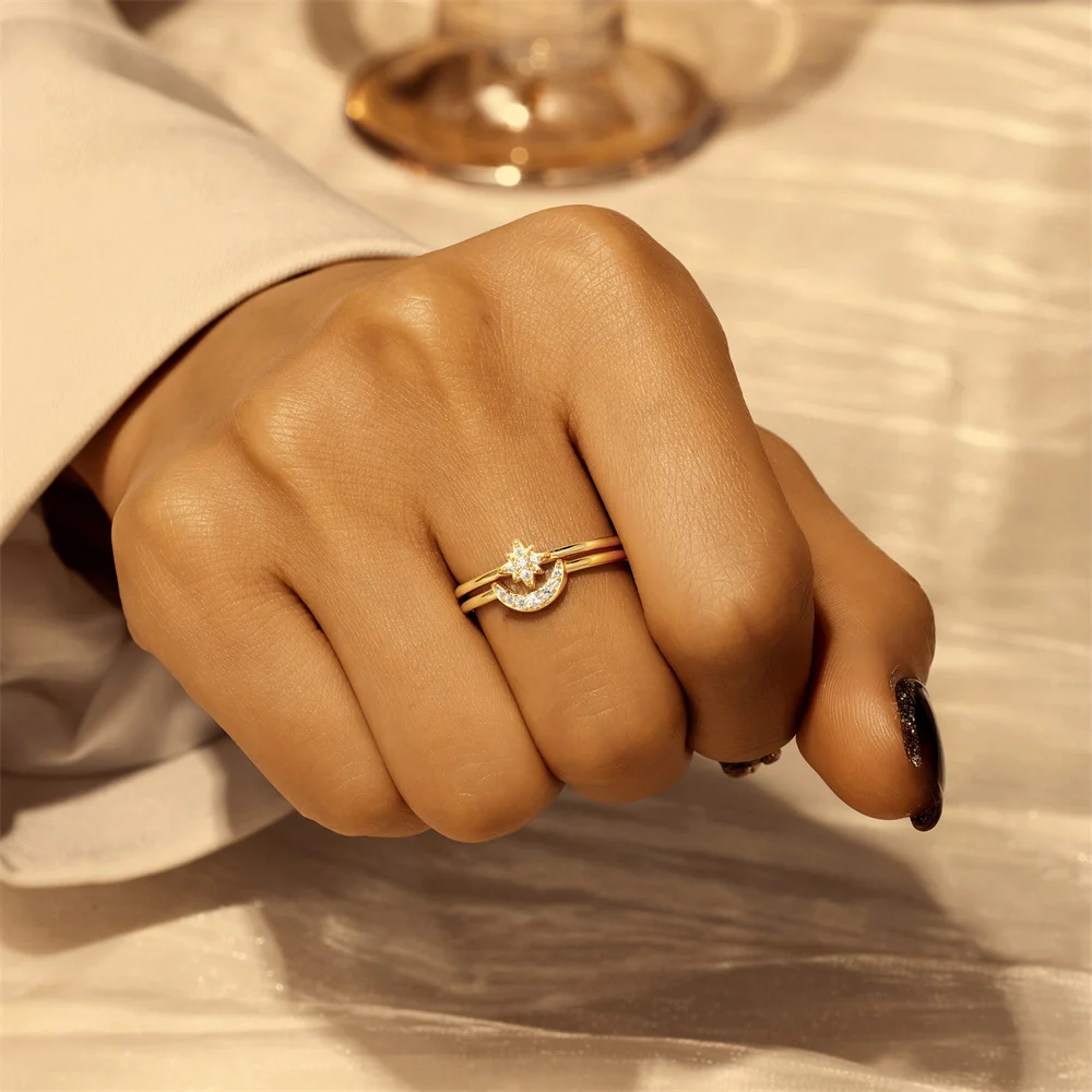 CANNER 925 Sterling Silver Simple Star Moon Zircon Rings for Women Men Ins Ring Fine Jewelry Wedding Engagement  Gift