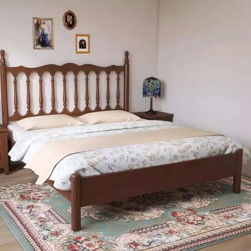 

Retro solid wood bed Retro French Modern simple double bed Medium antique pastoral Windsor Master bedroom
