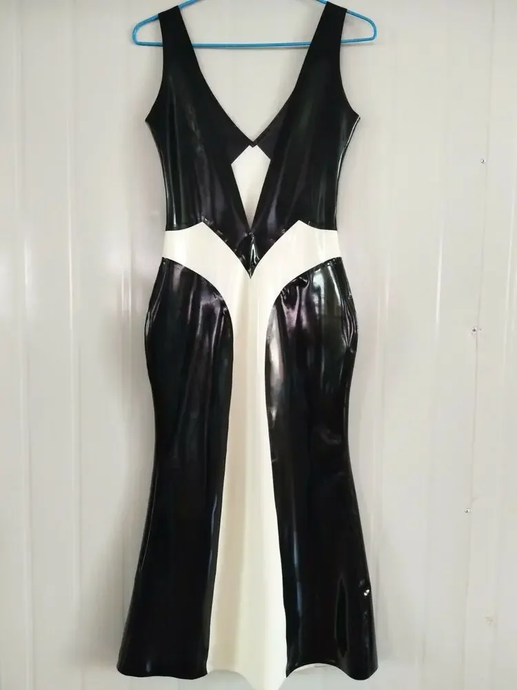 100% Latex Rubber Black Sleeveless V-Neck Long Dress Sexy S-XXL-Halloween