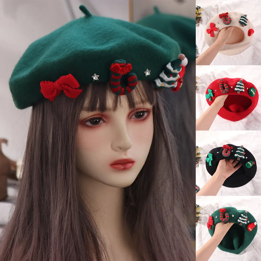 Fashion New Year Christmas Beret Cap Red Green Sweet Christmas Beret Hat Wool Felt Dress Up Xmas Painter Hat Women