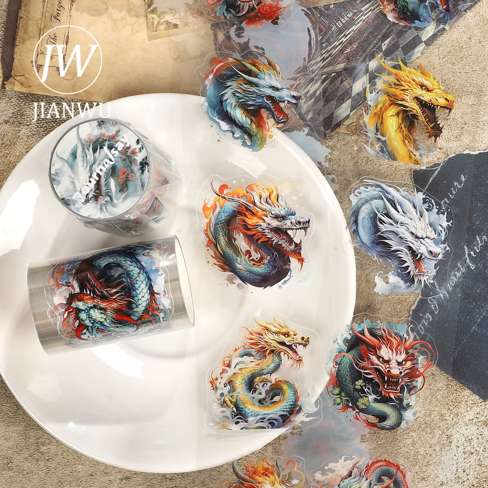 JIANWU 60 مللي متر * 200 سنتيمتر خمر التنين الصيني المشهد المواد الكولاج سجل القصاصات PET الشريط الإبداعية مجلة بها بنفسك مجلة القرطاسية #3