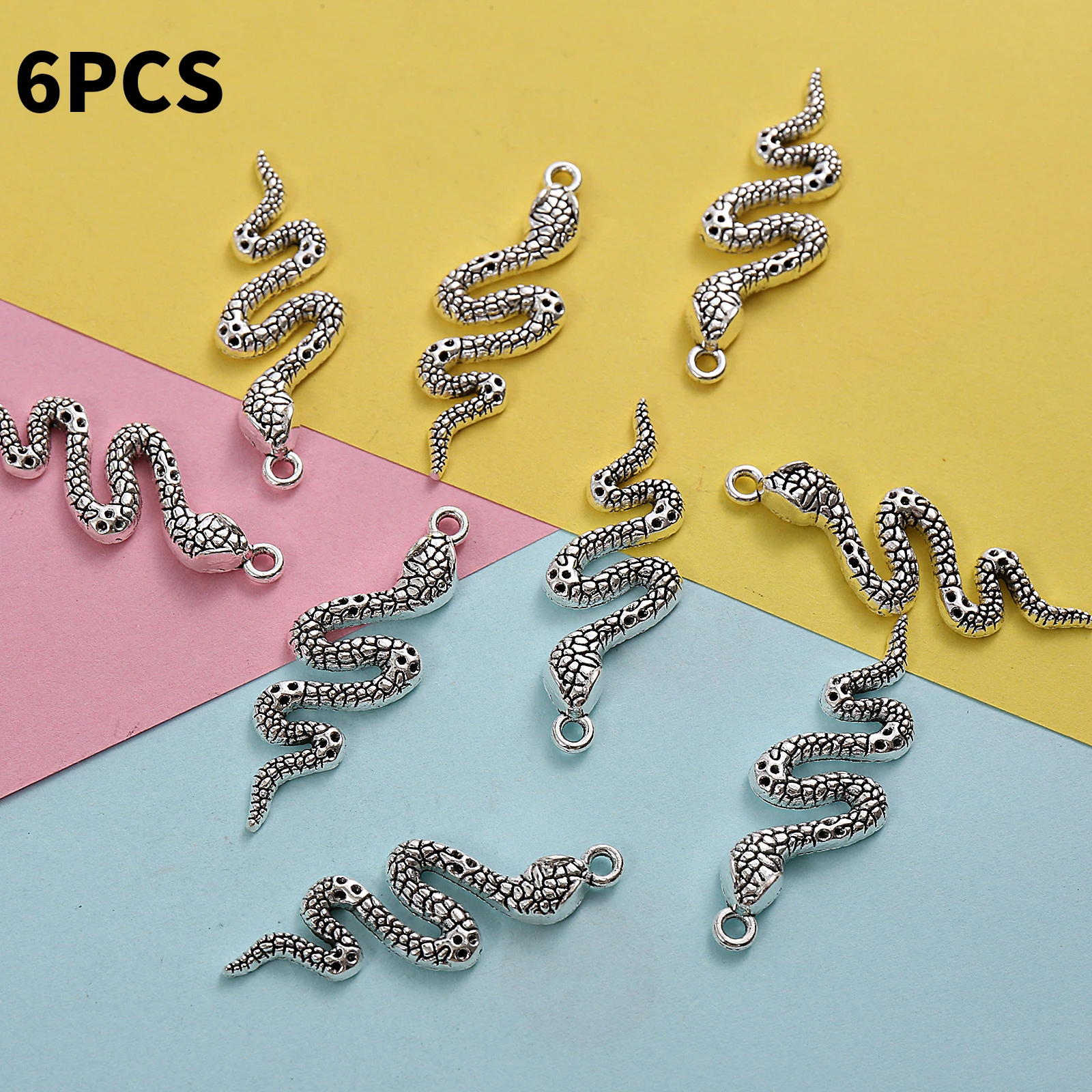 6 Pieces of Vintage-Style Snake Pendants with Single Hole, Featuring a Winding Scale Pattern in the Shape of a Small Snake, with a Hanging Loop at the End, Suitable for DIY Bracelets, Earrings, Necklaces, and Niche Street-Style Handmade Beading Accessories