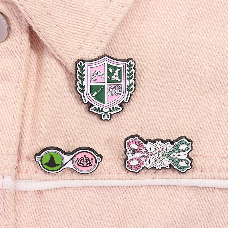 Cartoon academy style shield-shaped badges, scissors patterns alloy pins, accessories for clothing and bags, gifts for friends