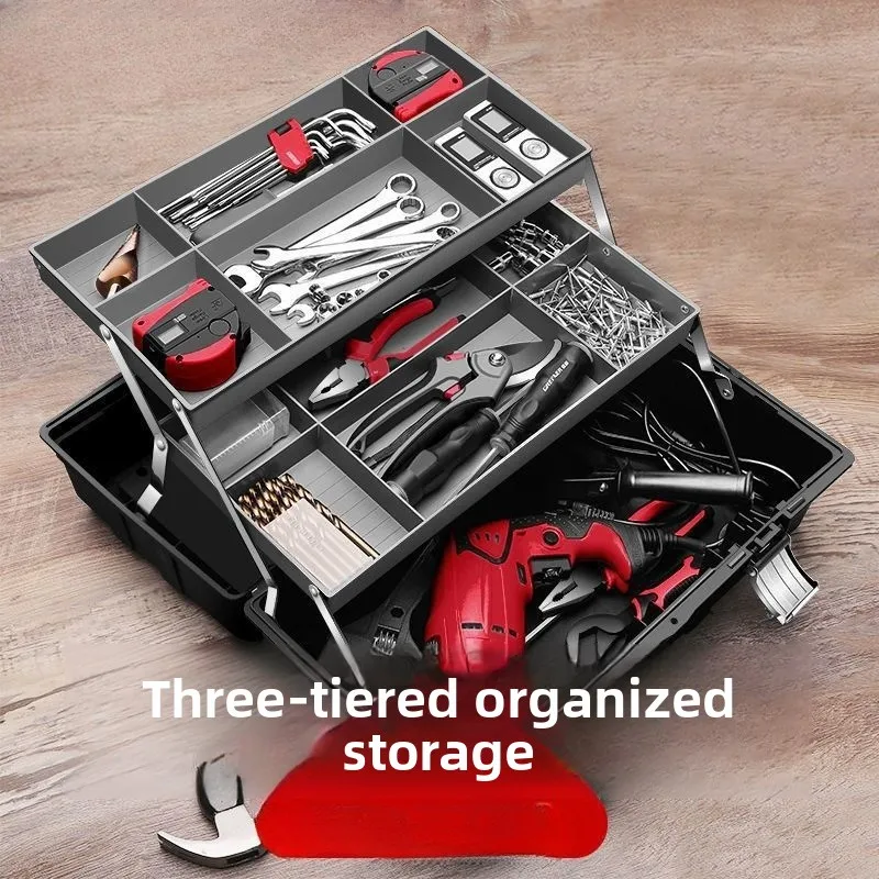 3 Tier Foldable Portable Toolbox Tool Organizer Heavy Duty Plastic Carry Case Multifunctional Electrician Mechanic Home Repair
