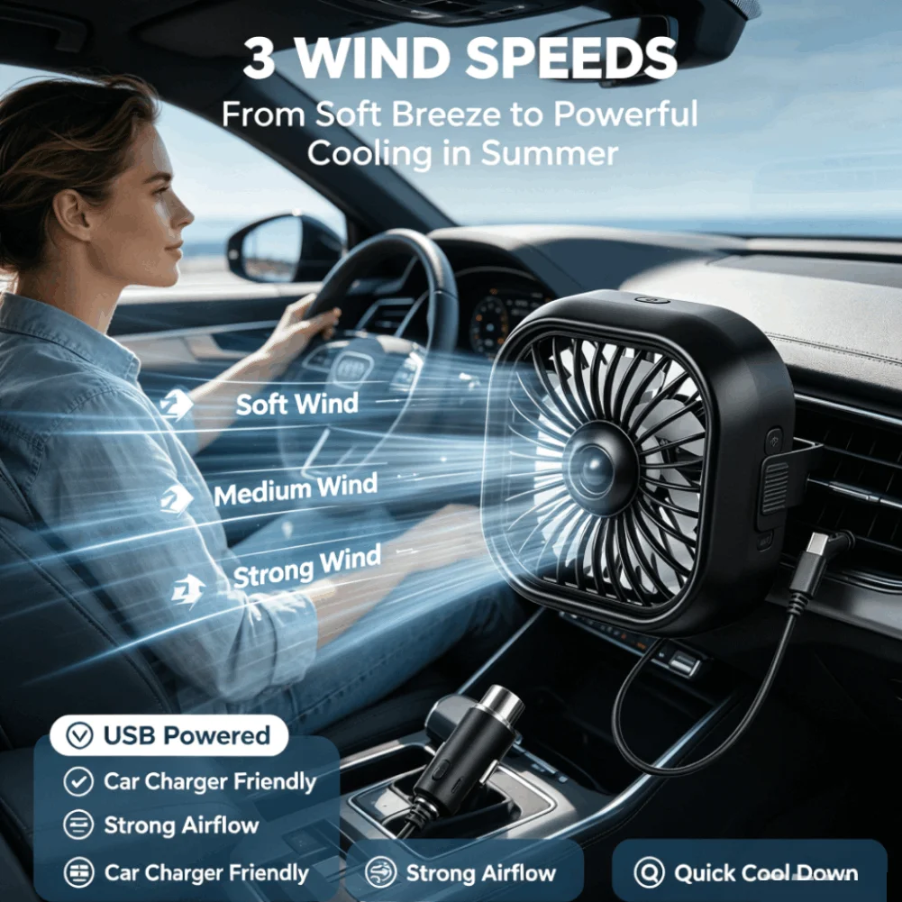 1pc USB Car Air Vent Cooling Fan 3 Speed Adjustable Rubber Clip with Colorful Gradient LED Light Auto Summer Car Accessories