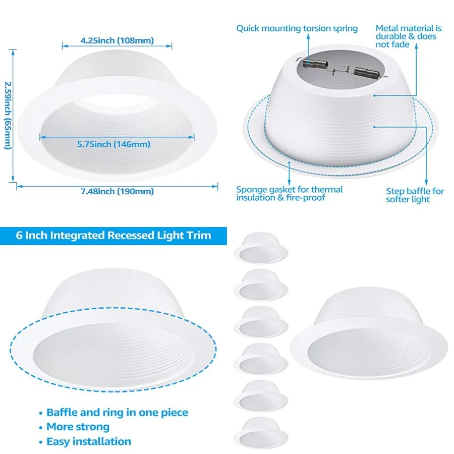 

6 Inch Integrated Can Light Trim, One Pcs Baffle Trim, Full Metal, for PAR30, PAR38, R30, BR30, BR40 Light Bulbs, for 6" Cans,
