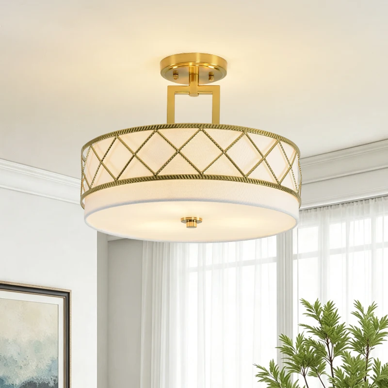Modern Gold Ceiling Light 41cm, Iron Frame Fabric Shade Chandelier with Geometric Grid, Flush Mount Lamp for Bedroom Living Room