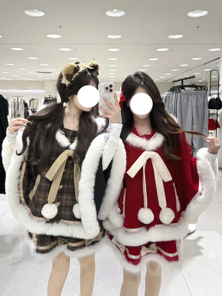 

Japan Autumn And Winter Cute And Sweet Fur-Edged Hooded Cloak Girl Puffy Skirt Winter Two Piece Set