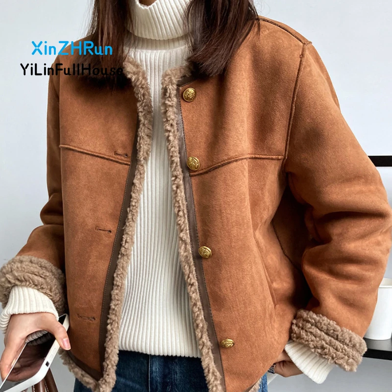 Winter New Women's Round Neck Single Breasted Lamb Wool Splicing Coat Small Fragrant Style Deer Skin Velvet Loose Fur One Piece