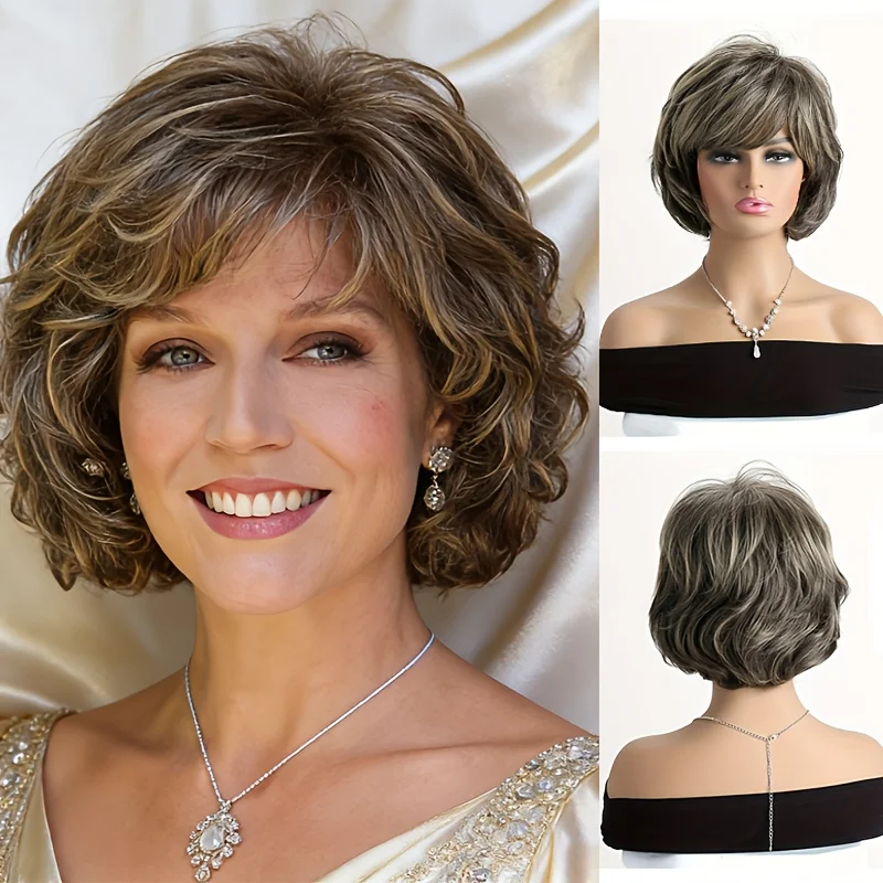 Natural curly fashion ladies' chestnut brown chemical fiber short hair synthetic  suitable daily travel needs, Mother's Day gift