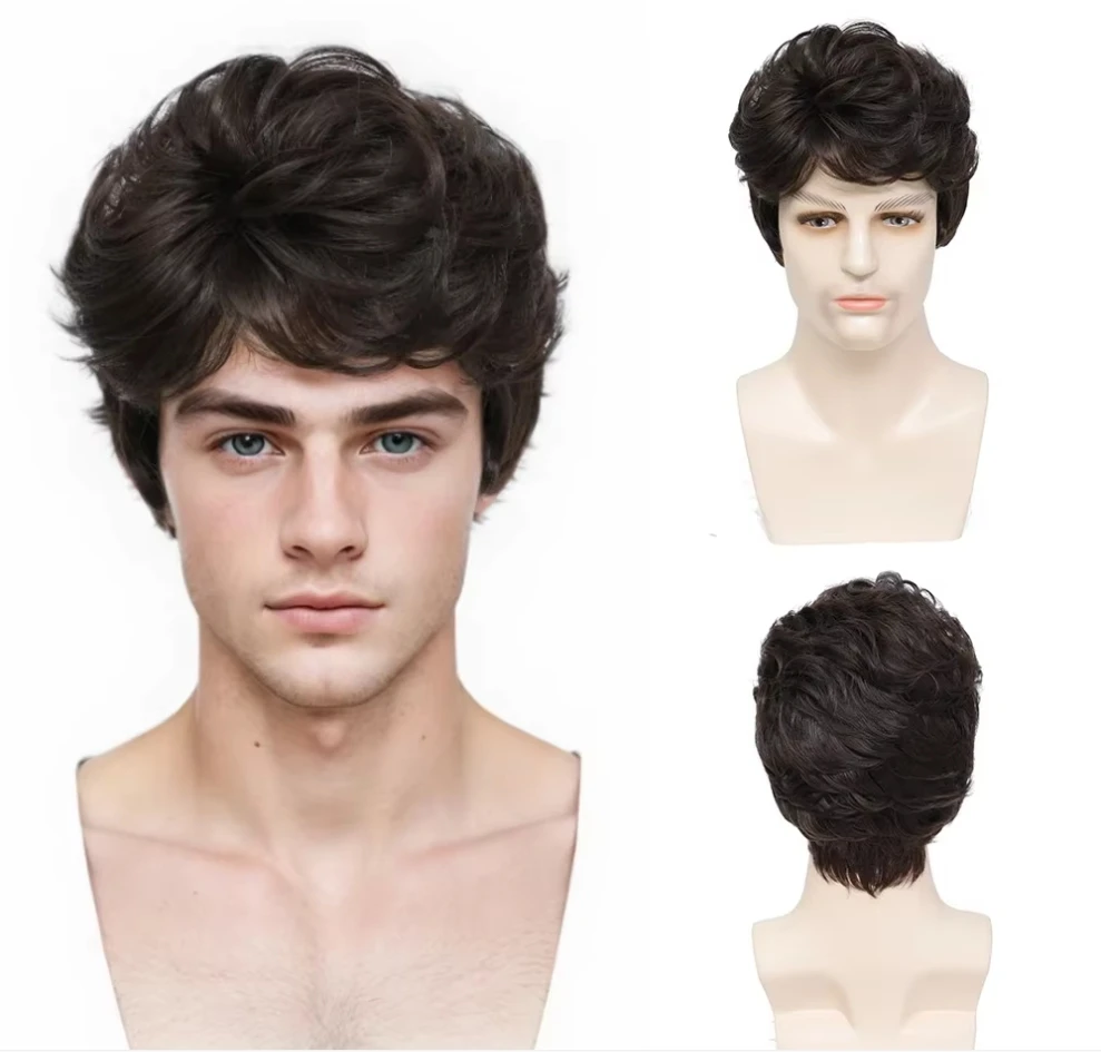 

Synthetic Short Curly Brown Wigs For Men Cosplay Daily Party Wear Heat Resistant Fake Hair