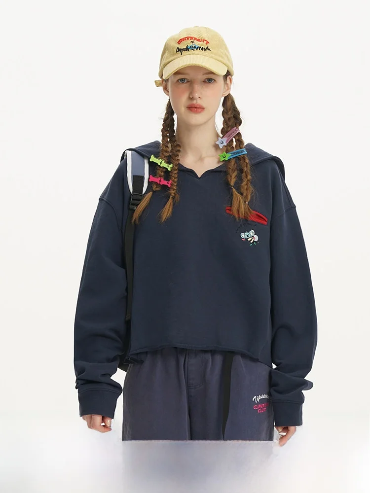 

TIPSEVEN, оригинальный дизайн, темно-синий воротник, милая вышивка, толстовка с капюшоном и мультяшной этикеткой, юбка, спортивные штаны, футболка, издание на выбор