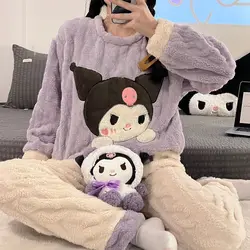 Sanrio Kuromi Cartoon Cute Coral Plush Pajamas Sweet Y2k Girl Style Warm Sleepwear Women Autumn Winter Thicken Flannel Home Set