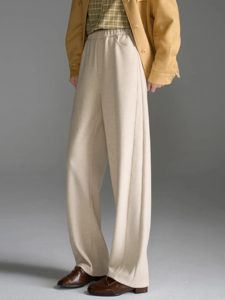 

OLrain Knitted Casual Pants Women's Autumn 2025 New Elastic Waist Straight Long Trousers Solid Basic Female Clothing O57QK001609