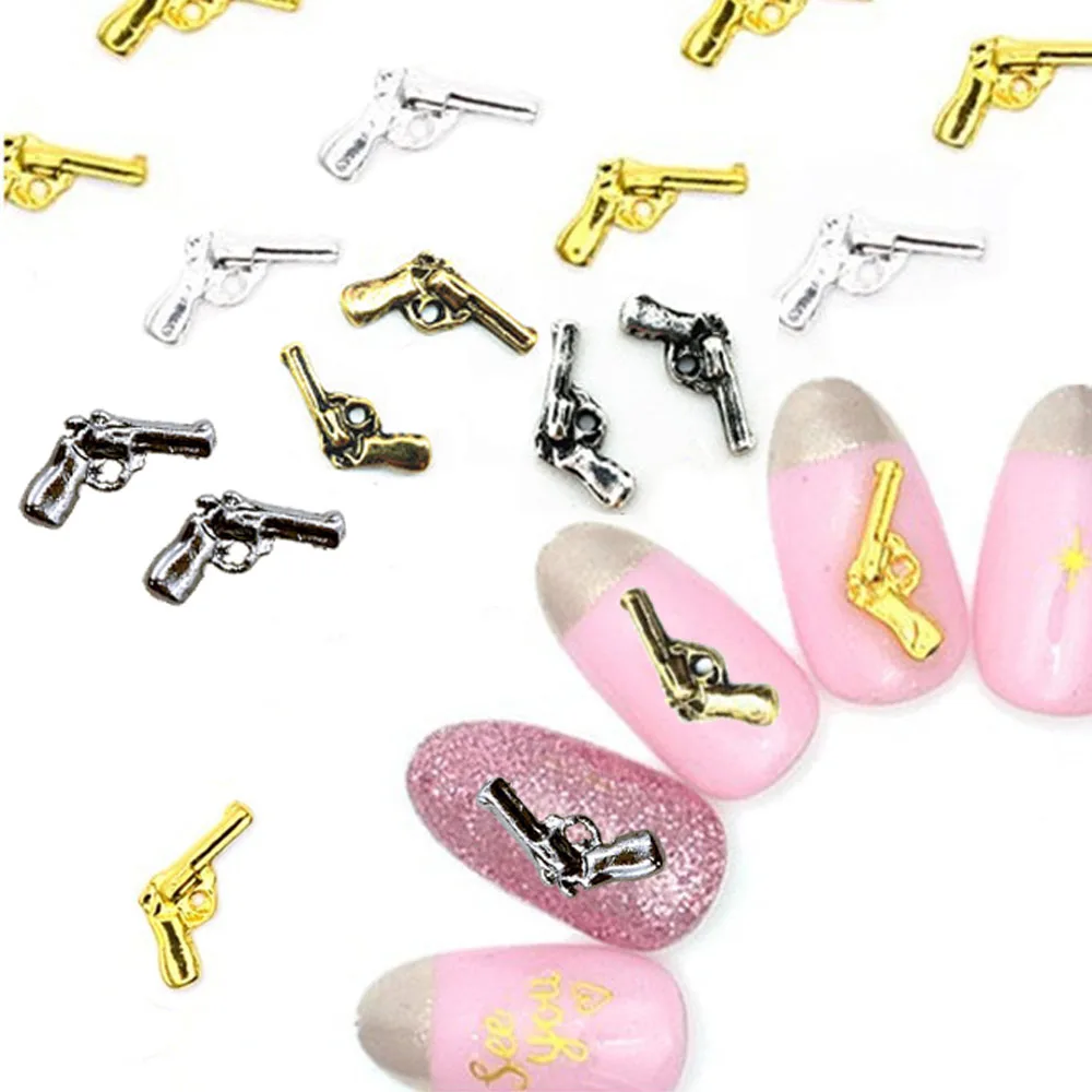 

40PCS/lot 3D Alloy Pistol Gun Nail Art Charms Gold/Silver/Black 7*10mm Manicure Design Decoration Jewelry Metal Stud Accessories