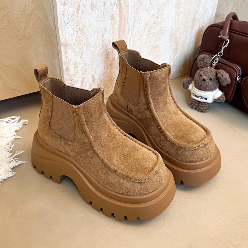 プラットフォーム女性アンクルブーツハイヒールの靴ファッションショートブーツ-2025-冬分厚いチェルシーブーツ因果スエード-zapatillas-mujer