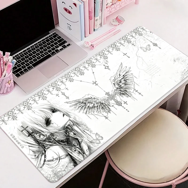 Leather Mousepad Black White Anime Aesthetics Angel Girl Mouse Pad Office Accessories PC Gaming Keyboard E-Sports HD Desk Mats