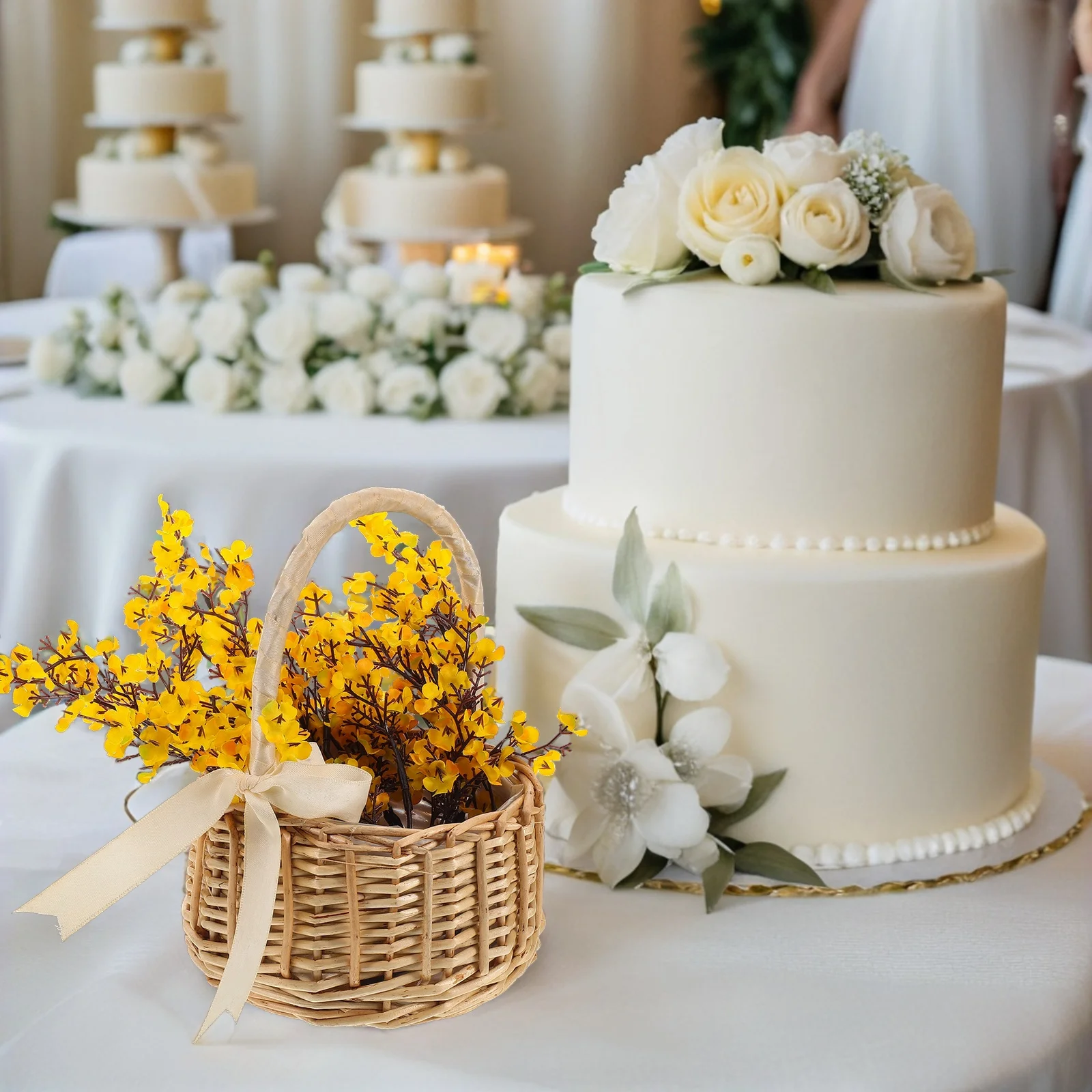 Mały wiklinowy koszyk na kwiaty, ręcznie pleciony mini koszyk z wierzby do dekoracji weselnych, rekwizyt fotograficzny, lekki okrągły koszyk rattanowy do przechowywania.