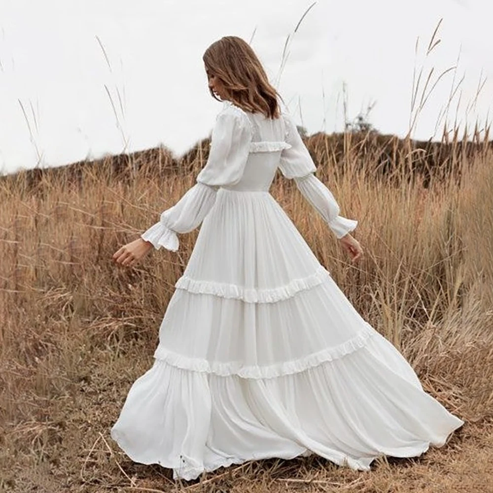 Mock Neck Chiffon Long Gathered Sleeve Retro Wedding Dress Layered Ruffle Ankle Length Muslim Ethereal Cottagecore Bridal Gowns