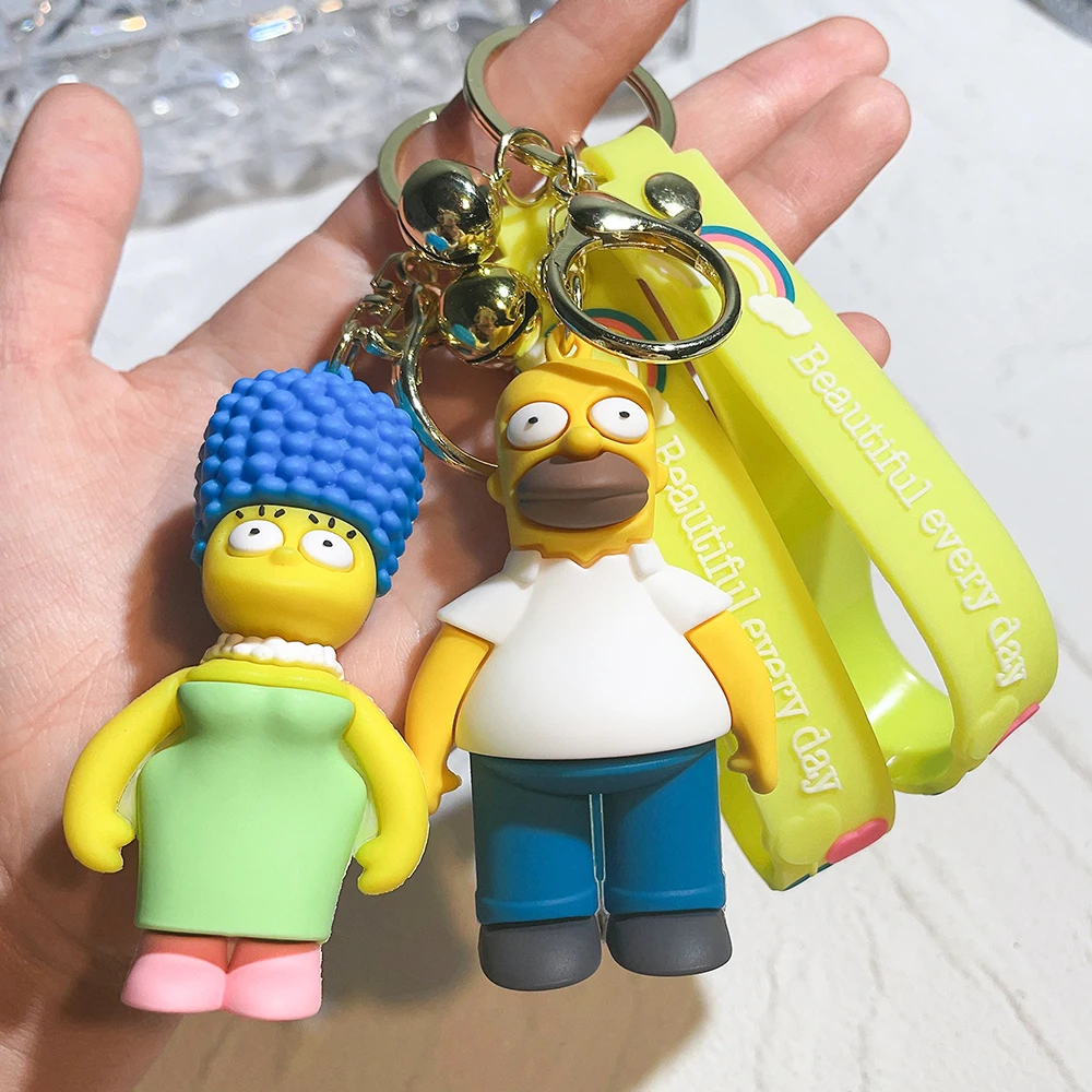 Disney The Simpsons Anime Figure Silicone Keychain Bart Simpson Cartoon Doll Pentand Keyrings for Car Accessories Gift for Kids