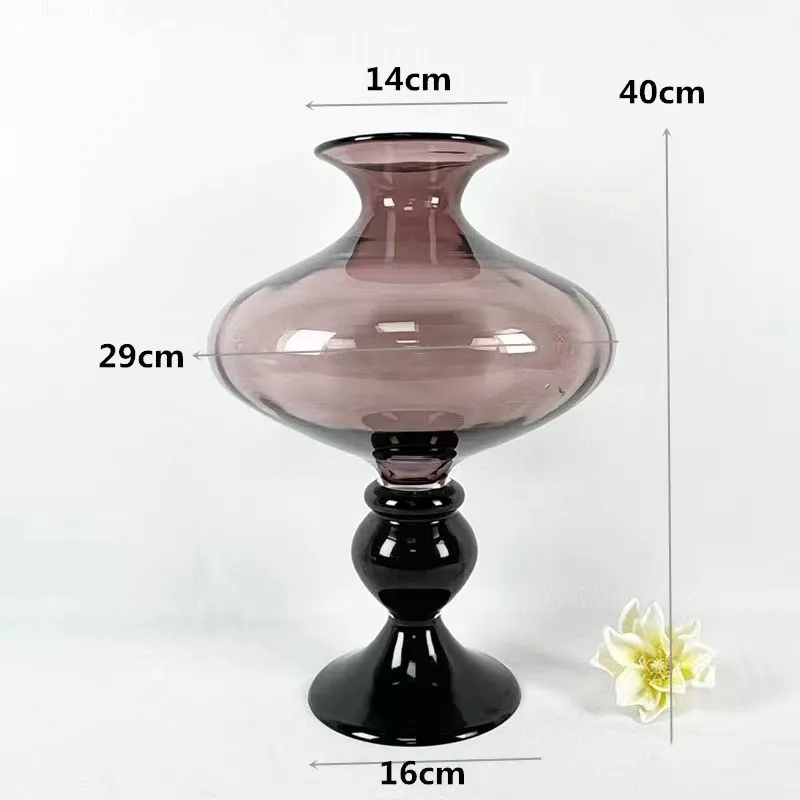 Tall belly yellow purple flower arrangement water nourishment living room ornament gradual change smoke gray glass vase tapered