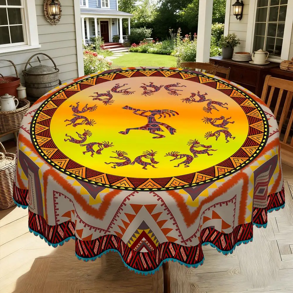 1 pieza de mantel redondo y rectangular de estilo indio, mantel estampado de estilo étnico con fondo degradado en naranja y amarillo y totems geométricos, motivos de danza espiritual y duendes, con bordes en relieve, adecuado para comedores domésticos, us