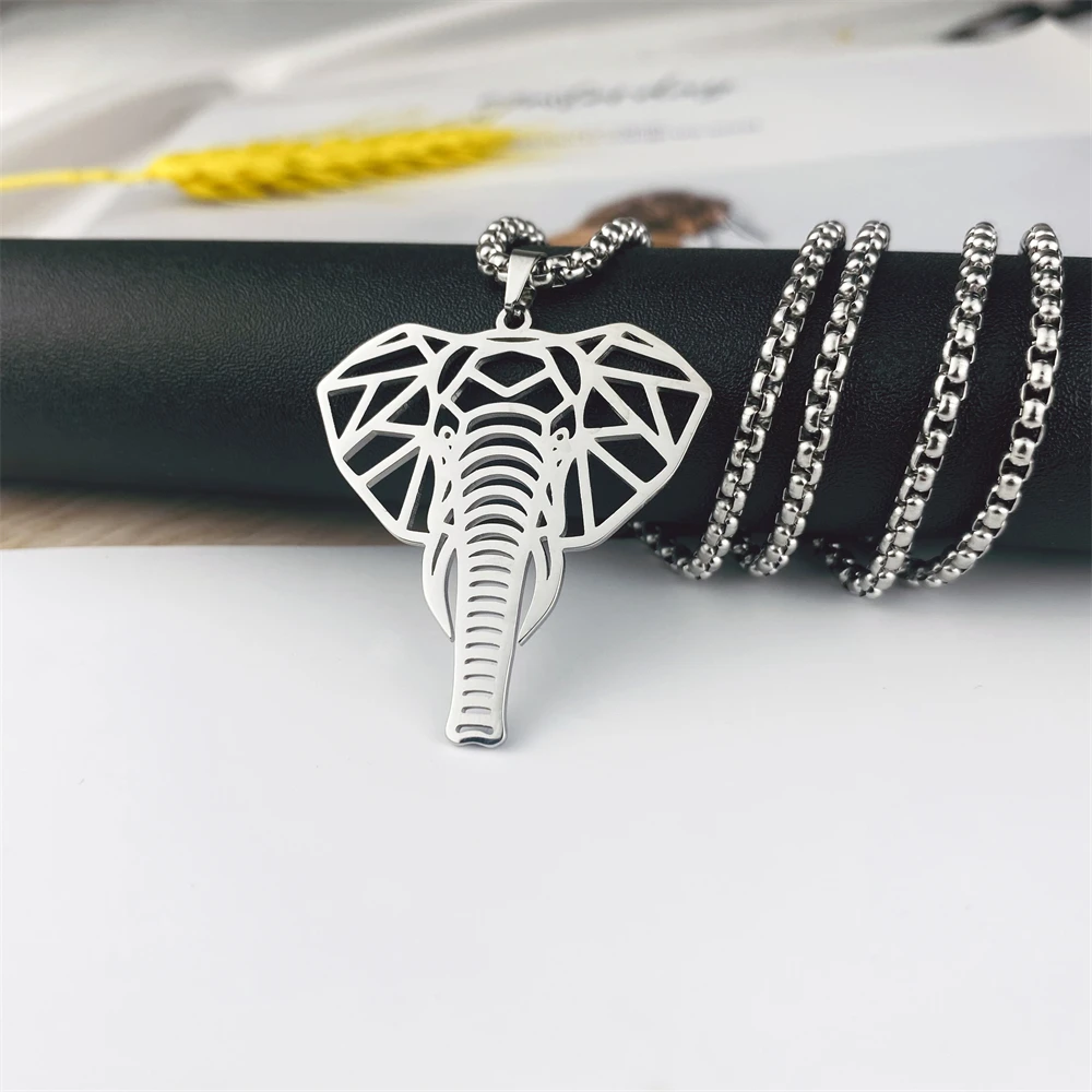 Tangula Elephant Men Necklace Stainless Steel Necklace Women's Animal Abstract Geometric Pendant Box Chain Punk Fashion Jewelry