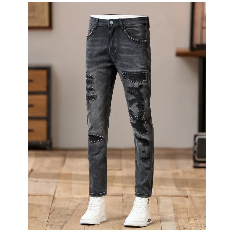 

Nail bead decorative design personalized jeans, men's perforated patches, trendy slim fit, small straight leg street men's pants