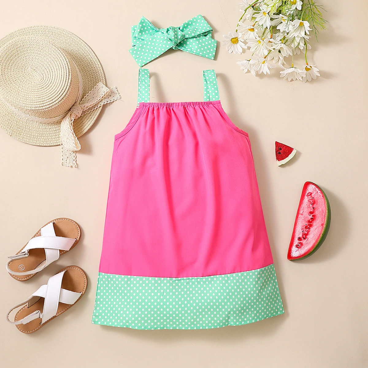 Girls Summer Halter Dress Watermelon Print Mint Polka Dot Skirt Matching Bow Hairband Red Gown with Black Seeds Decoration