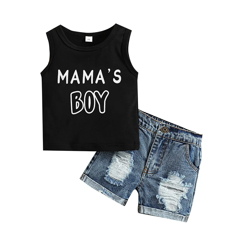 Baby Boys Shorts Set Letters Print Tank Top with Ripped Denim Shorts Summer Outfit