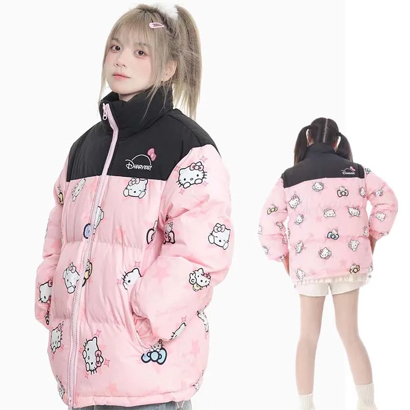 

Sanrioed Hello Kittys Y2K Cotton Parkas Winter Women's Down Jackets Patchwork Loose Zipper Coat Casual Thickened Warm Jacket