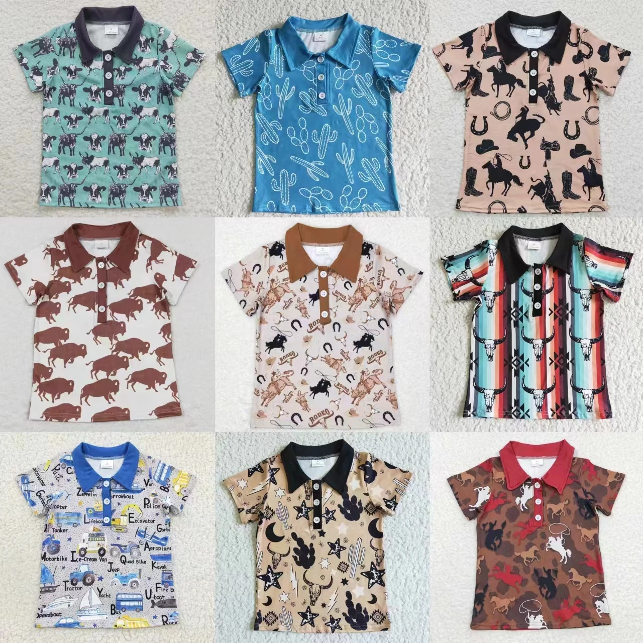 Wholesale Children Infant Short Sleeves Baby Boy Polo Shirts Toddler Kids Western Cactus Cow Print Lapel Button Summer Clothing