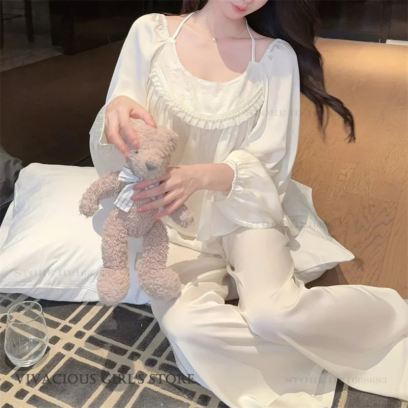 

Womens 2Pcs Pajamas Set Sleepwear Elegant French Princess Style Sleepwear Pijamas Suit Loose Satin Home Clothes Lounge Wear