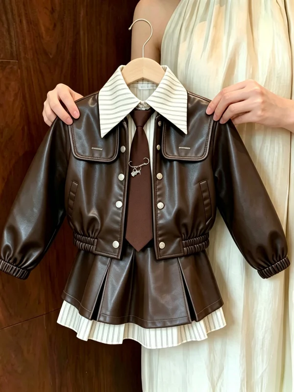 Girls Leather Jacket Skirt Set Comfortable Two-Piece Suit Autumn Fashionable Pleated Skirt Casual Stylish New 2026