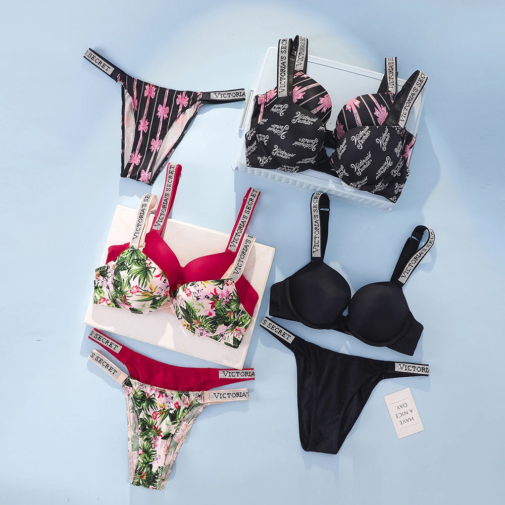 Ensemble de lingerie sexy Victoria's Secret avec bretelles à logo en strass, soutien-gorge push-up et culotte en dentelle pour femmes