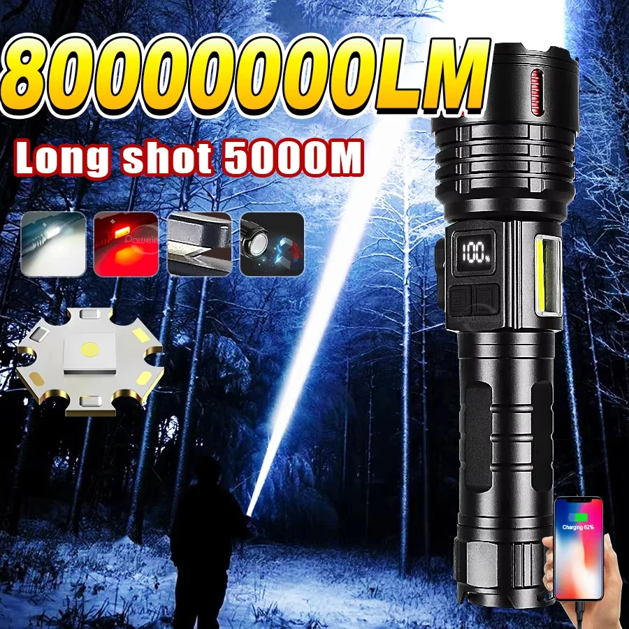 80000000LM Most Powerful LED Flashlight Rechargeable Type-c Flashlight Long Range 5000M Tactical Torch Light For Fishing Hunting