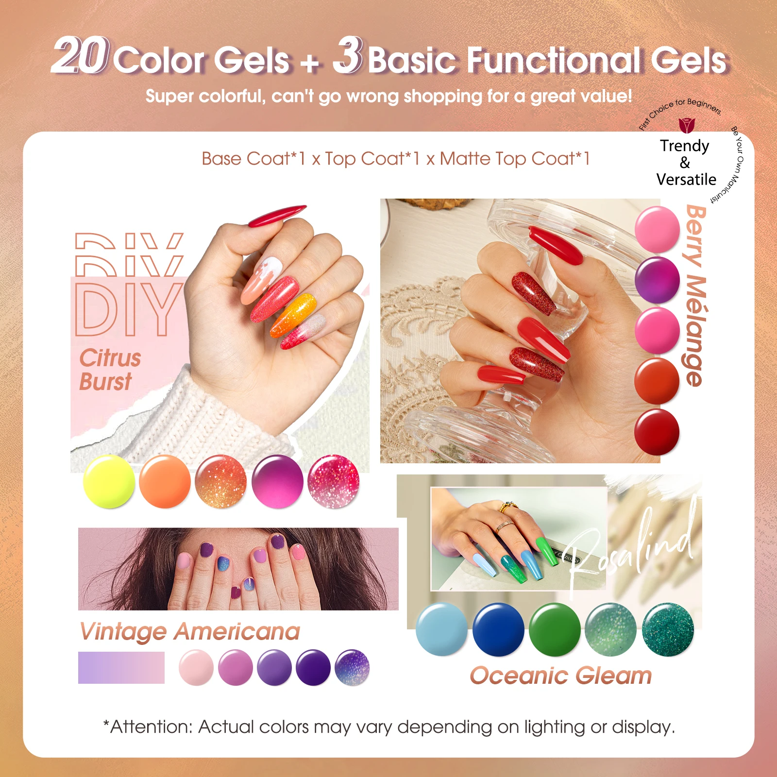 Rosalind 23-teiliges Gel-Nagellack-Set, glänzende und matte obere und untere Beschichtung, UV-Nagelset, Essie-Basislack, Nagellack, LED-Nagellampe